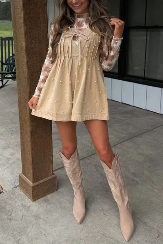 Pearl-accent Denim Tie-front Romper