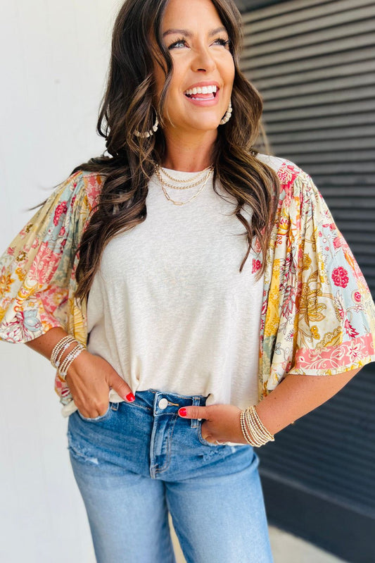 Floral Patchwork Half Batwing Sleeve Blouse