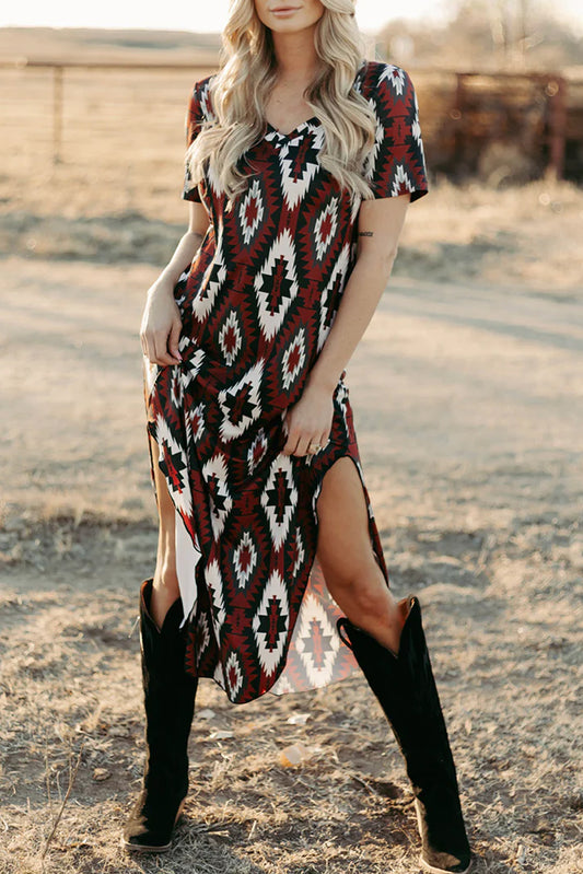 Western Aztec Printed Long T-shirt Dress