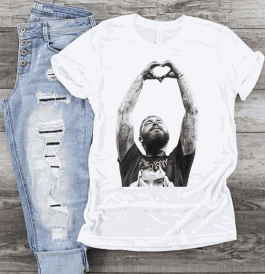 Post Malone heart shirt with graphic design, perfect for fans.