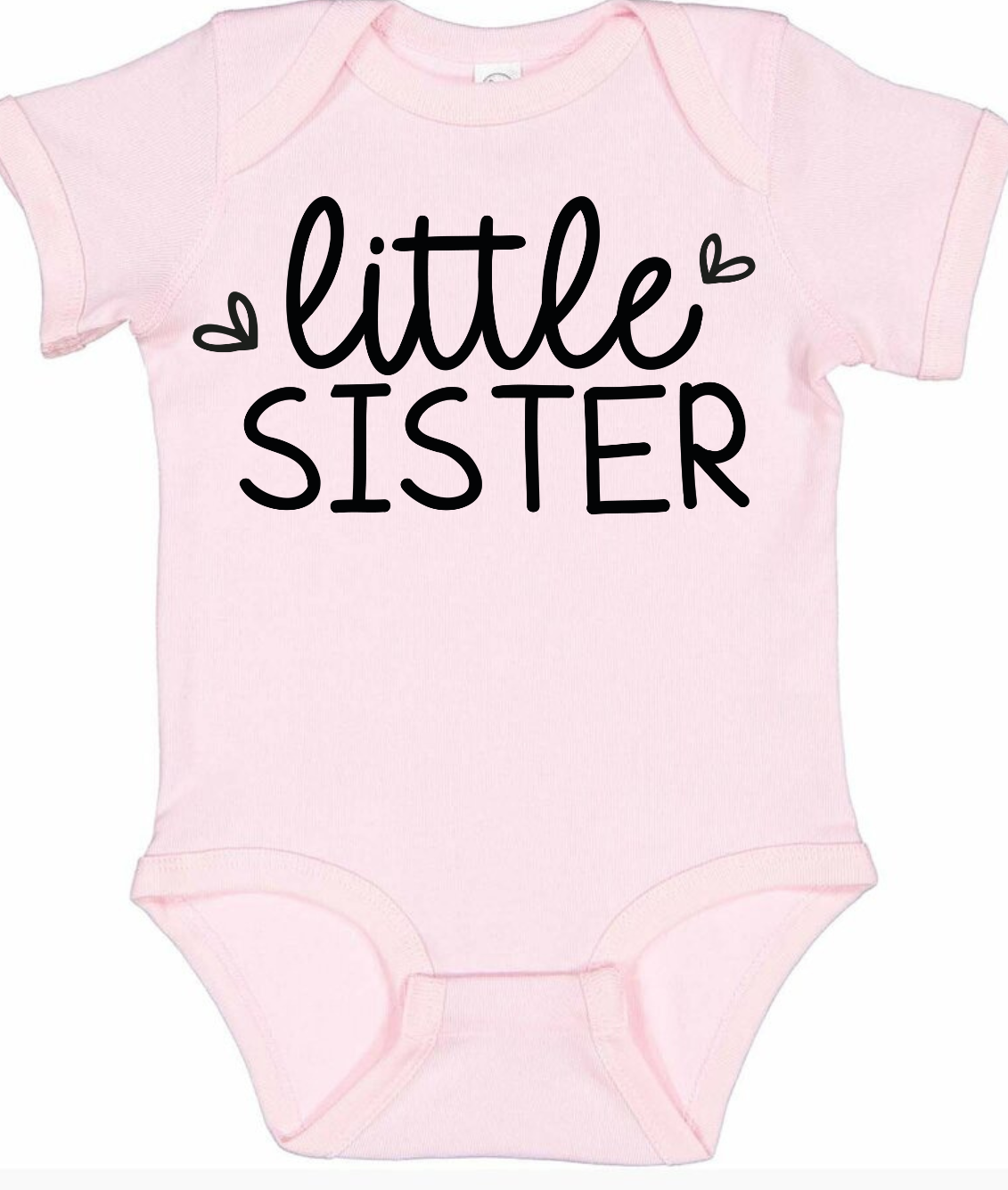 Pink baby onesie with "Little Sister" text and hearts.