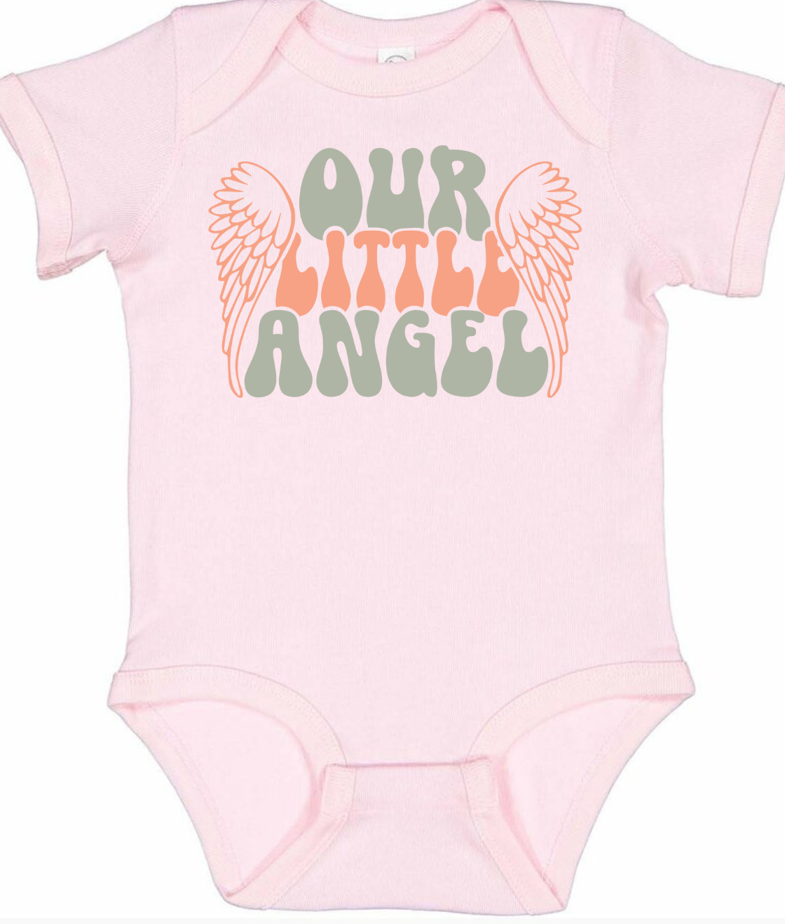 Pink baby onesie with "Our Little Angel" design and angel wings.