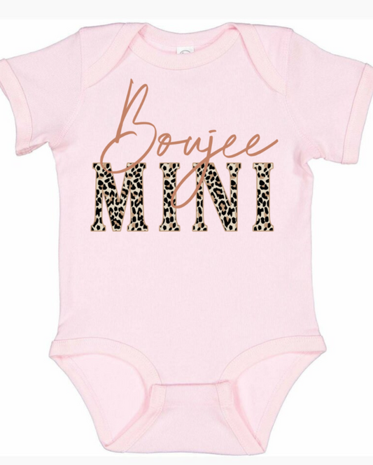 Boujee Mini infant and toddler shirt in light pink with leopard print text.