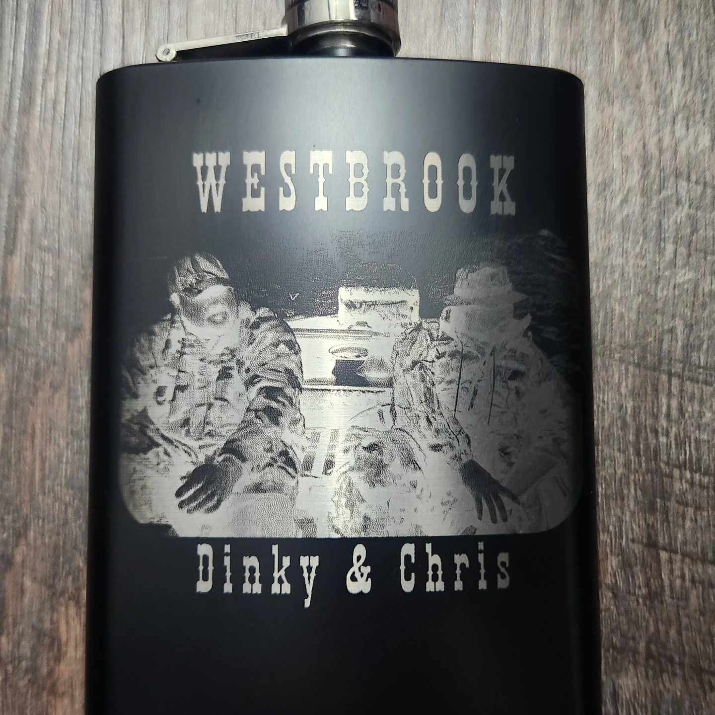 Personalized flask with engraved photo and names, stainless steel, 8 oz, 100% leakproof cap.