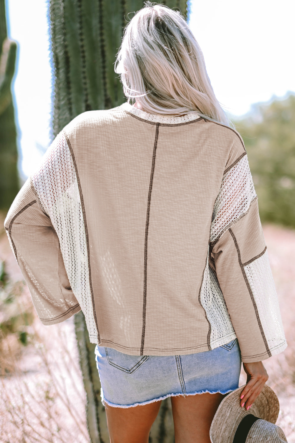 Crochet Detail Exposed Seam High Low Loose Top