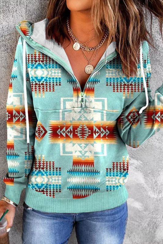Aztec Drawstring Zipper Hoodie