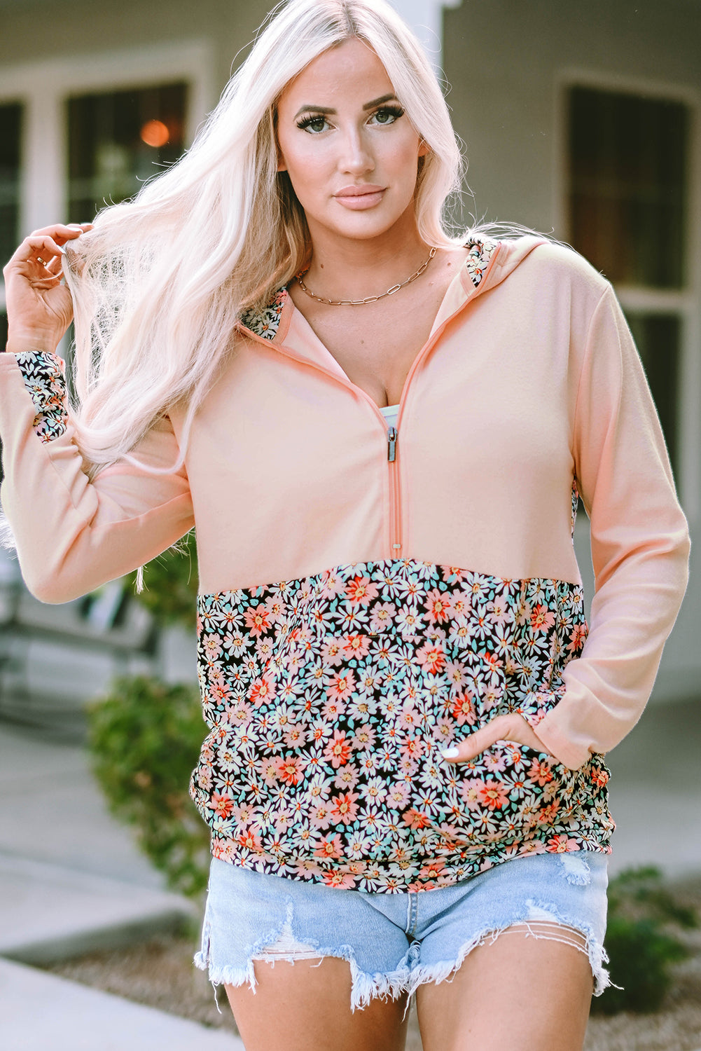 Pink Floral Patch Half Zip Hoodie