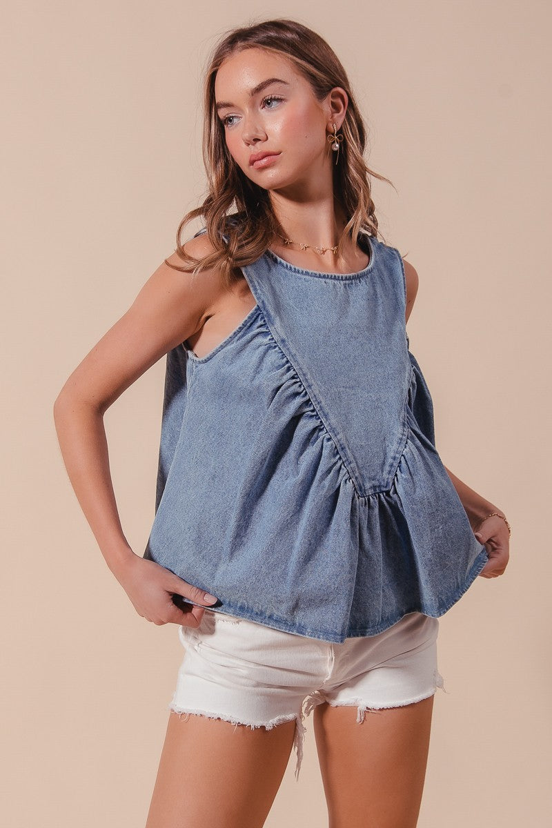 Denim Rouched Sleeveless Top