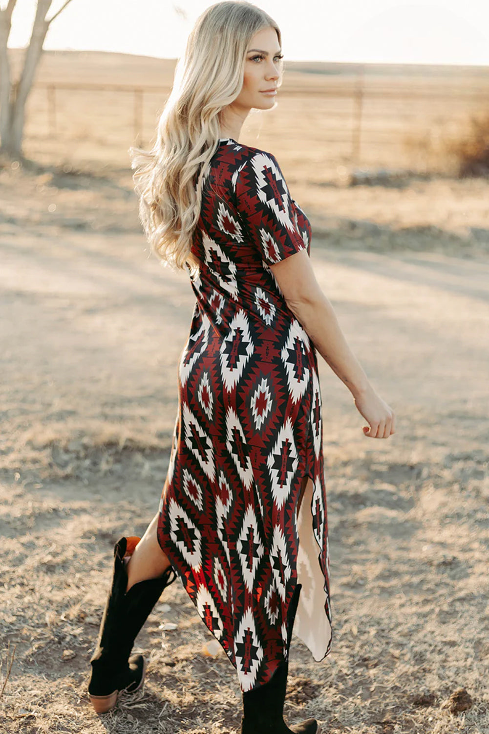 Western Aztec Printed Long T-shirt Dress