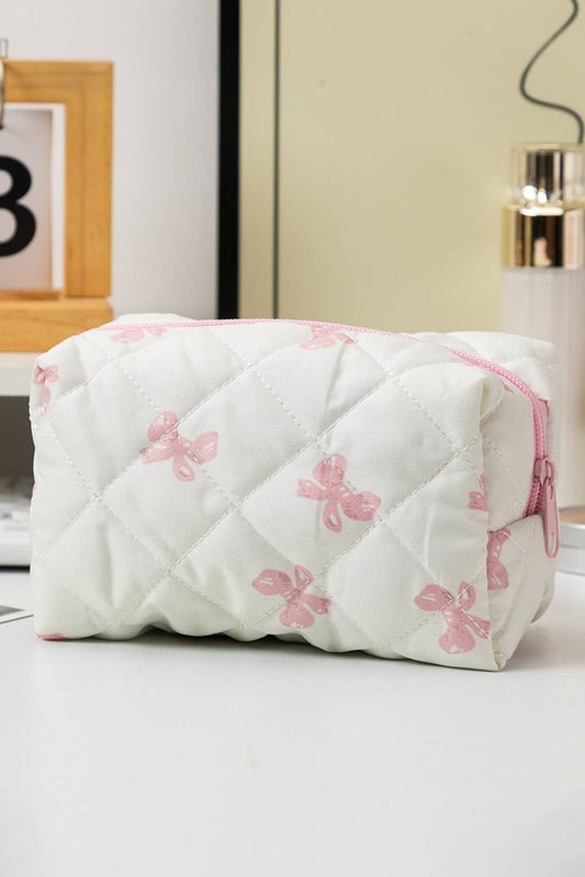 White and pink bow knot print quilted zipper cosmetic bag.