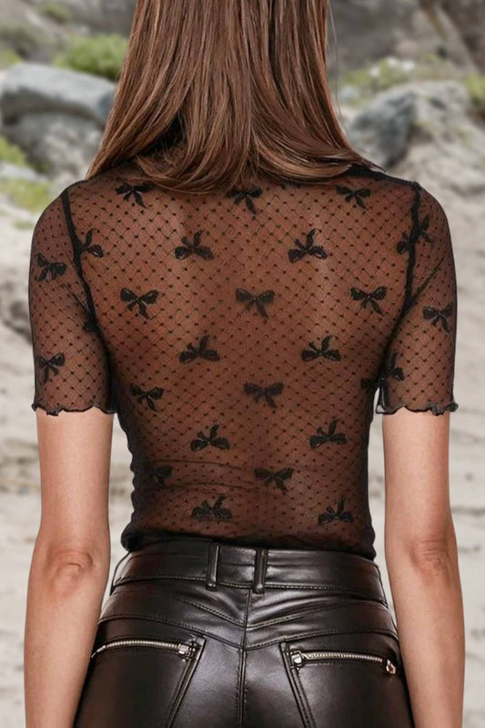 Bow Knot Mesh Patched Slim Fit Blouse