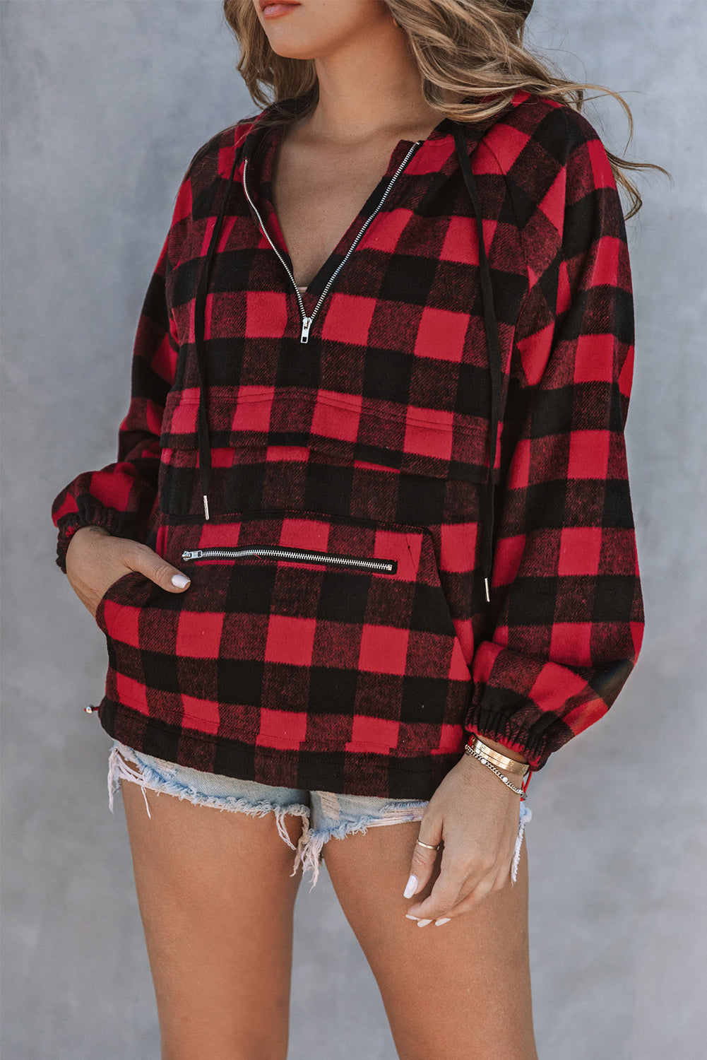 Fiery Red Buffalo Plaid Zipped Front Pocketed Hoodie