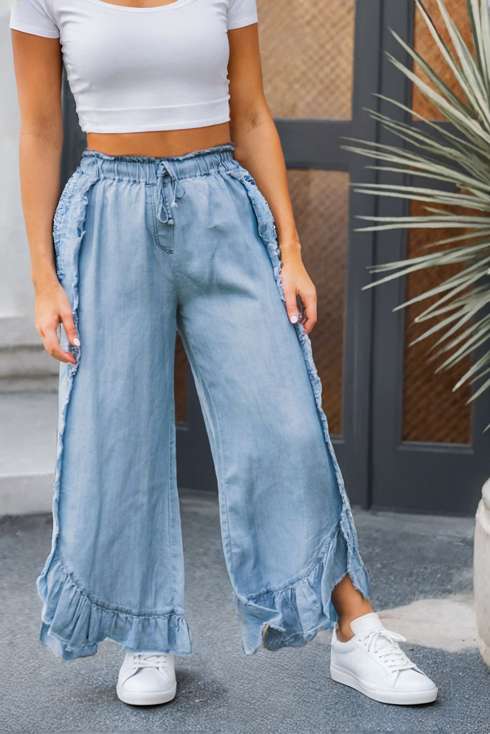Light Wash Raw Hem Ruffled Wide Leg Jeans