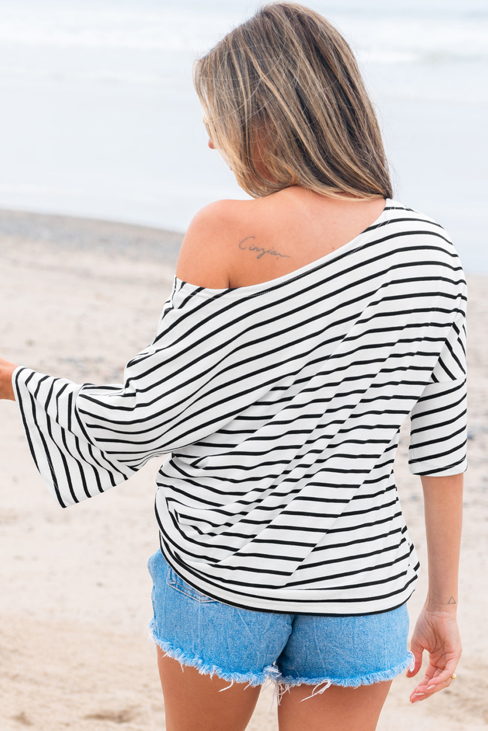 Stripe Half Sleeve Scoop Neck Loose Top
