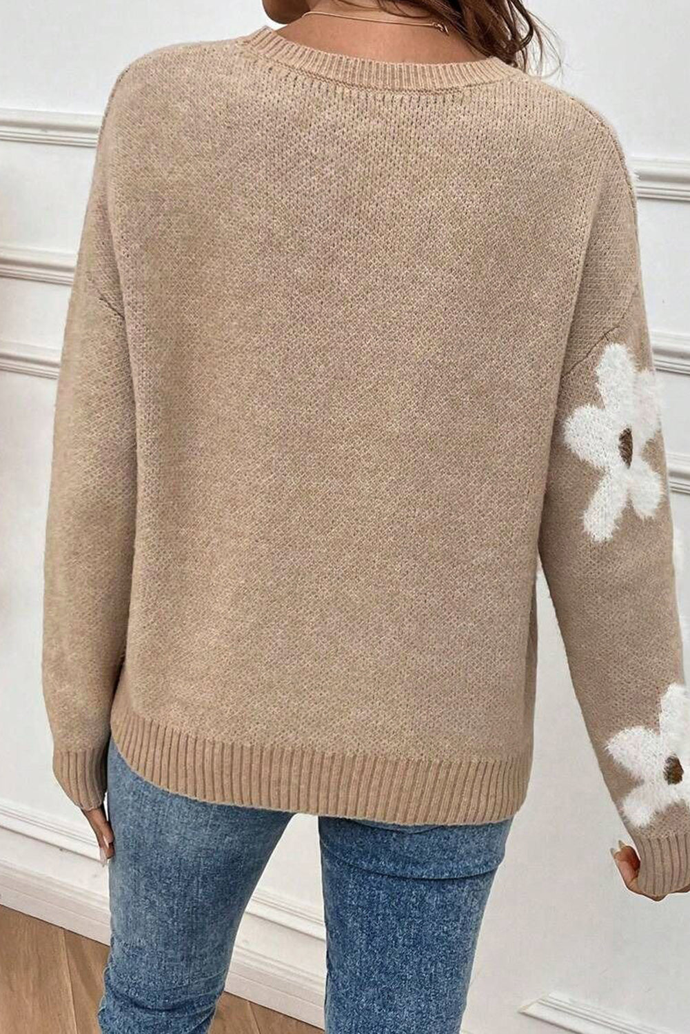 Flower Pattern Ribbed Trim Crew Neck Sweater