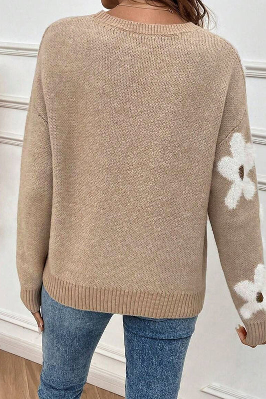 Flower Pattern Ribbed Trim Crew Neck Sweater
