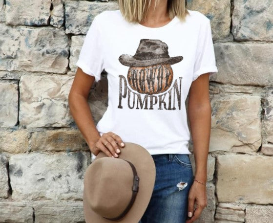 Howdy Pumpkin shirt featuring a smiling pumpkin wearing a cowboy hat, perfect for fall fashion.