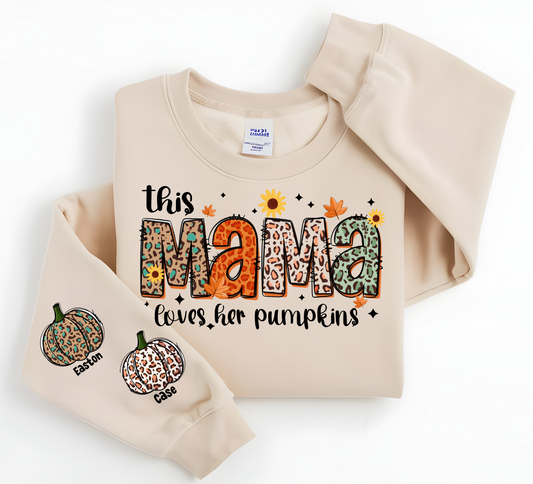 This Mama Loves Her Pumpkins personalized sweatshirt with pumpkin name customization, perfect for fall.