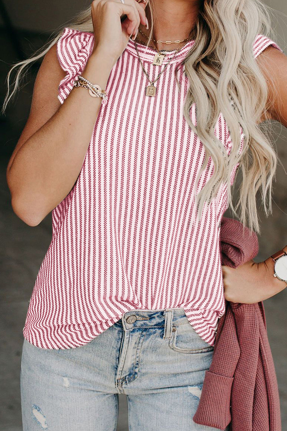 Pink Striped Crew Neck Ruffled Tank Top