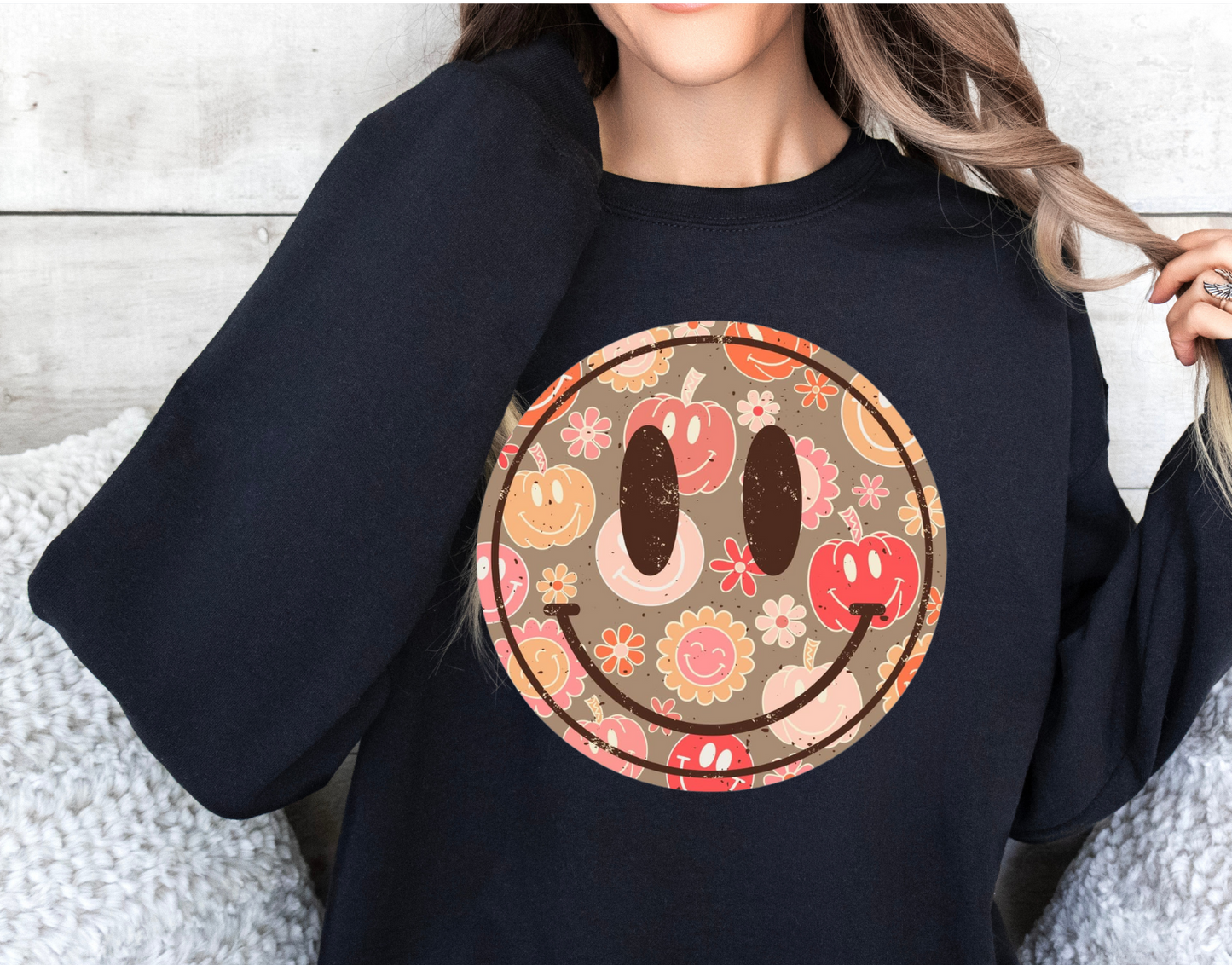 Fall Smiley Face shirt with playful autumn design on soft fabric.