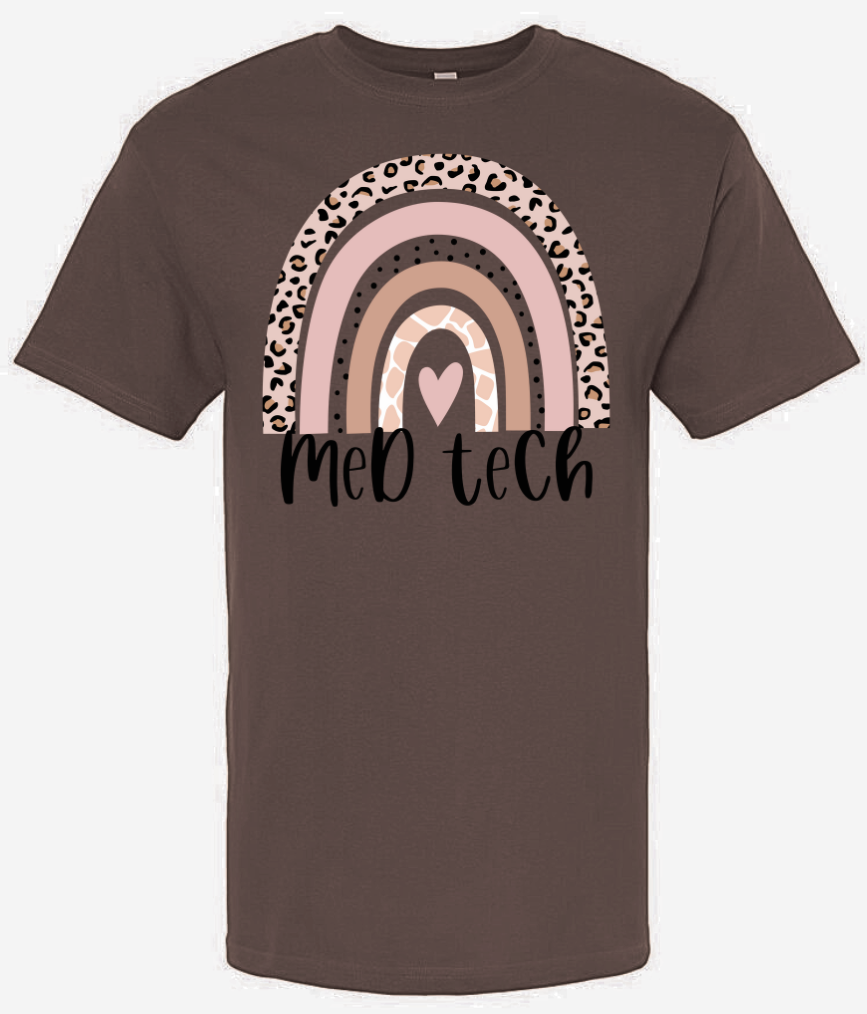 Med Tech Rainbow shirt with unique rainbow design on brown fabric.
