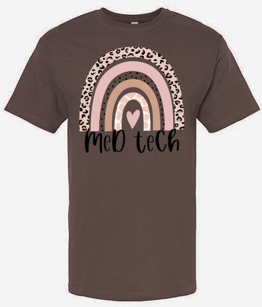 Med Tech Rainbow shirt with unique rainbow design on brown fabric.