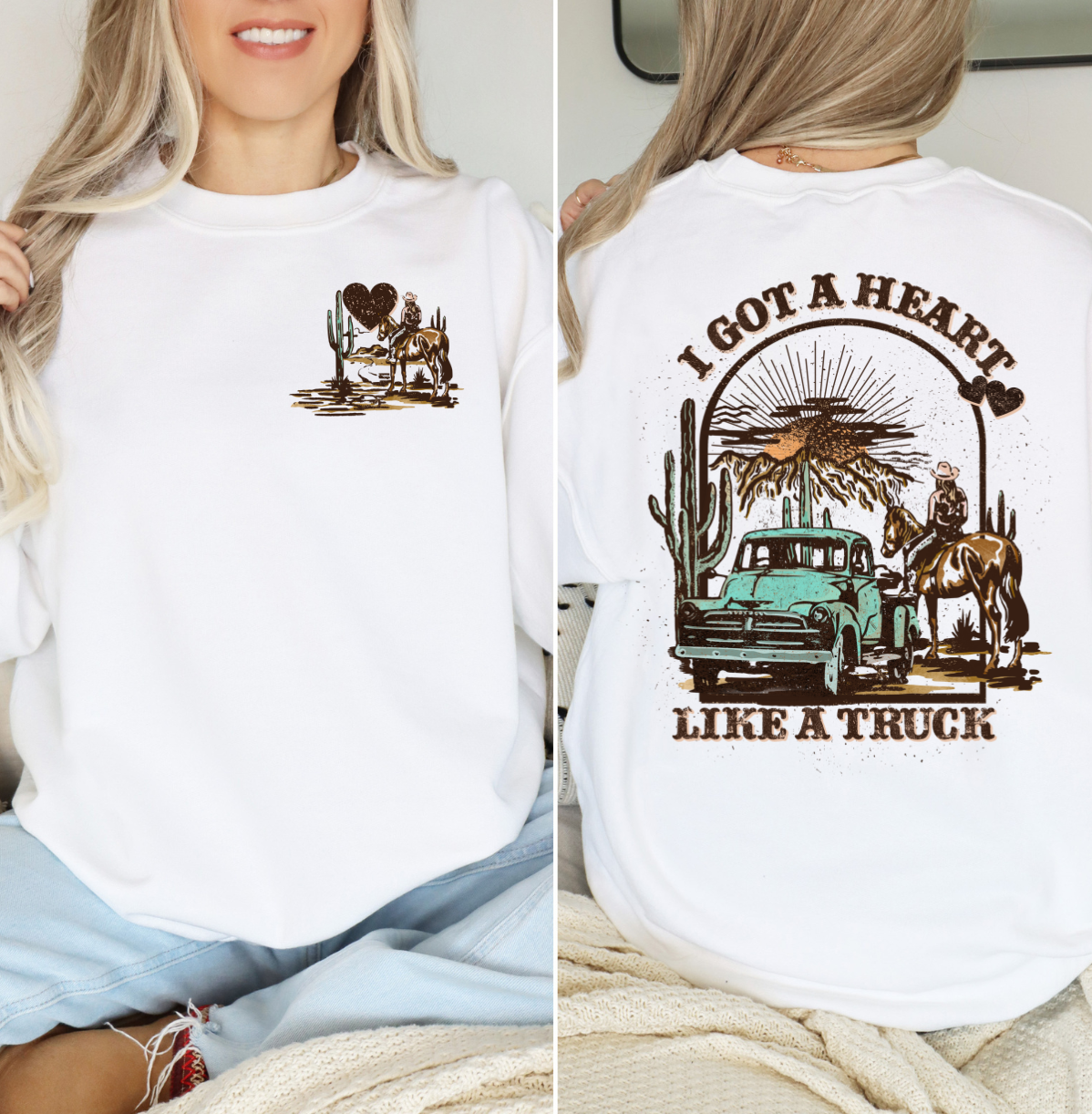 Lainey Wilson "I Got A Heart Like a Truck" shirt with truck and cowboy design.
