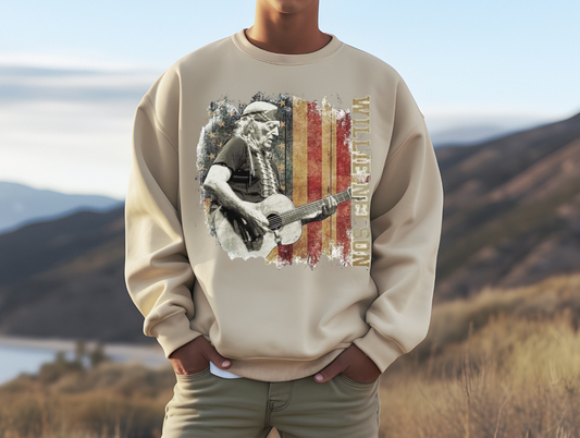 Willie Nelson shirt with colorful flag design, perfect for music lovers.