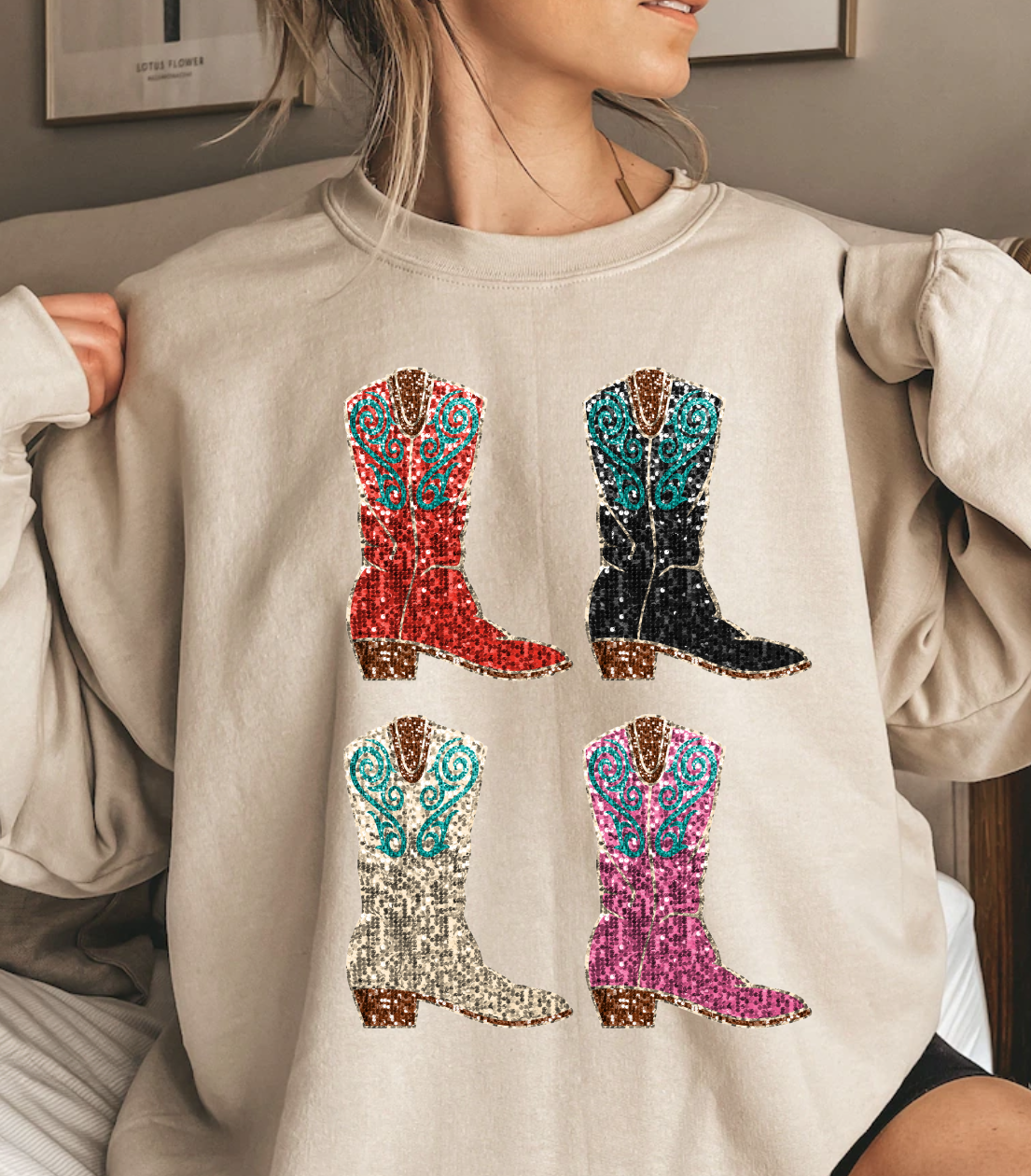 Trendy t-shirt featuring colorful cowboy boots design.