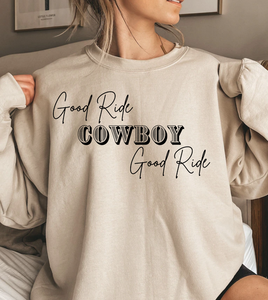 Good Ride Cowboy shirt on person, showcasing stylish design for adventurous cowboys.