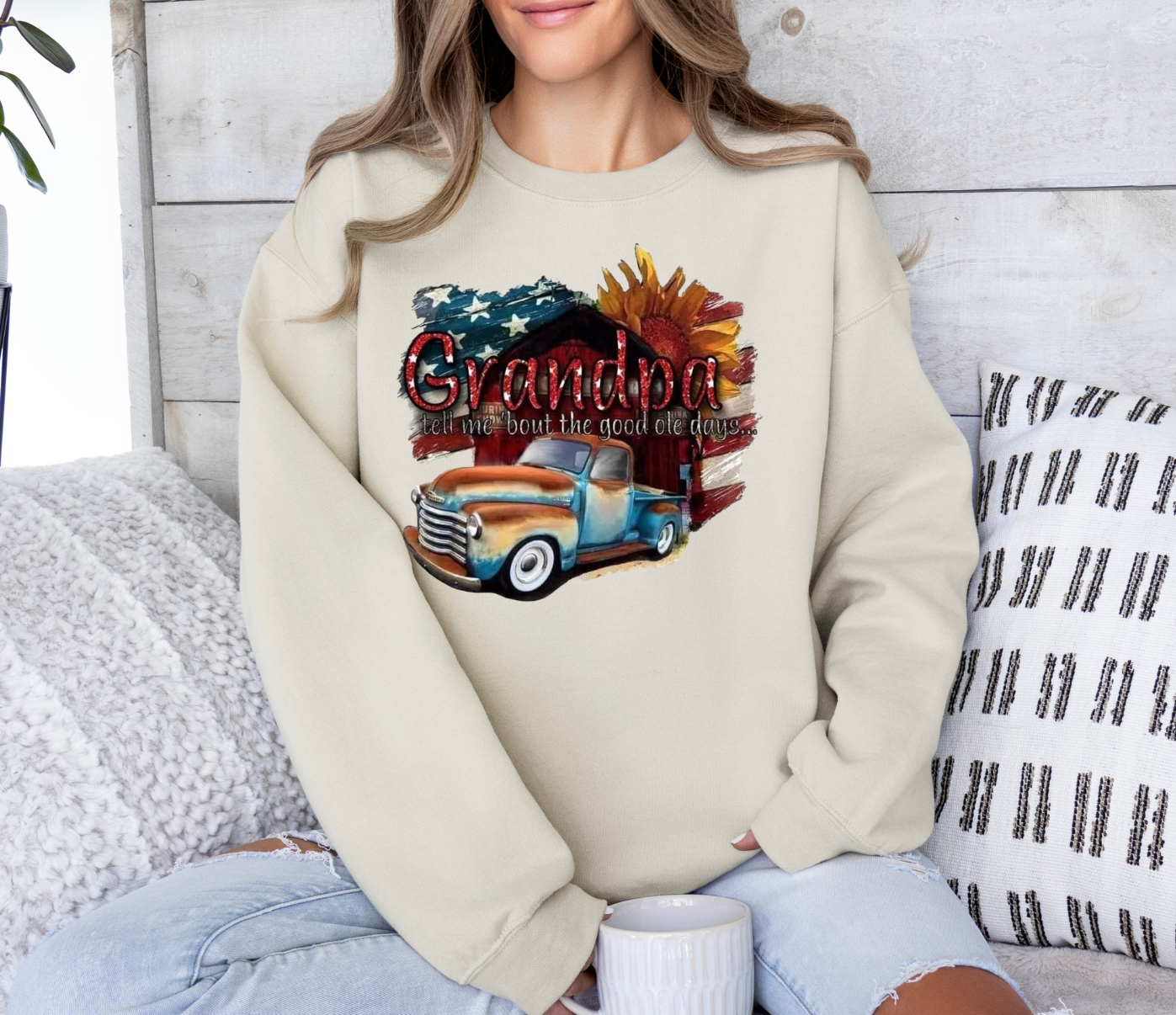 Grandpa Tell Me Bout The Good Ole Days sweatshirt with vintage truck graphic.