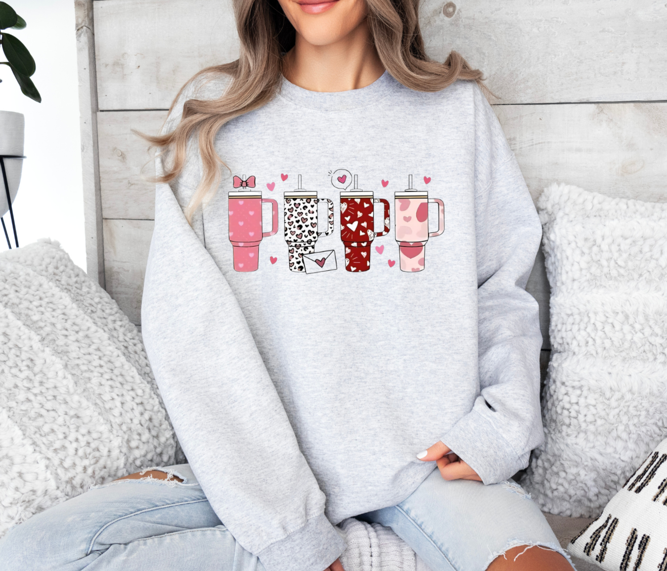 "Cups of Love" Grey Sweatshirt with Cute Mugs Design, 50/50 Blend or 100% Cotton, Gildan Brand