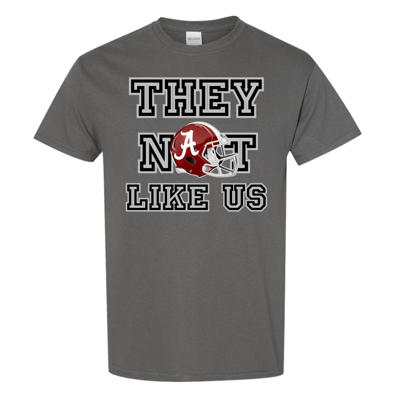 Alabama- They Not Like Us T-Shirt featuring football helmet graphic and bold text.