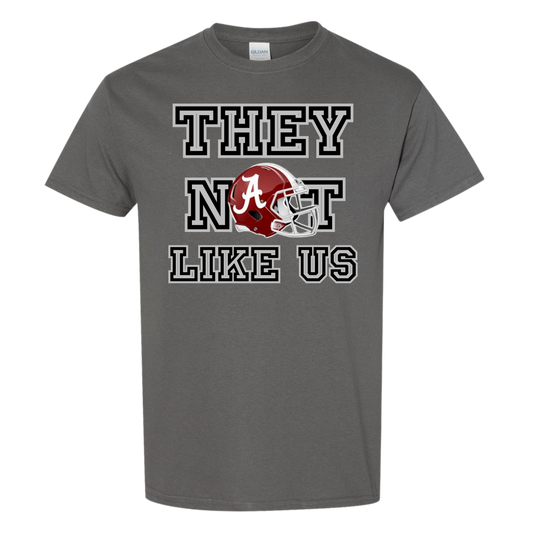 Alabama- They Not Like Us T-Shirt featuring football helmet graphic and bold text.