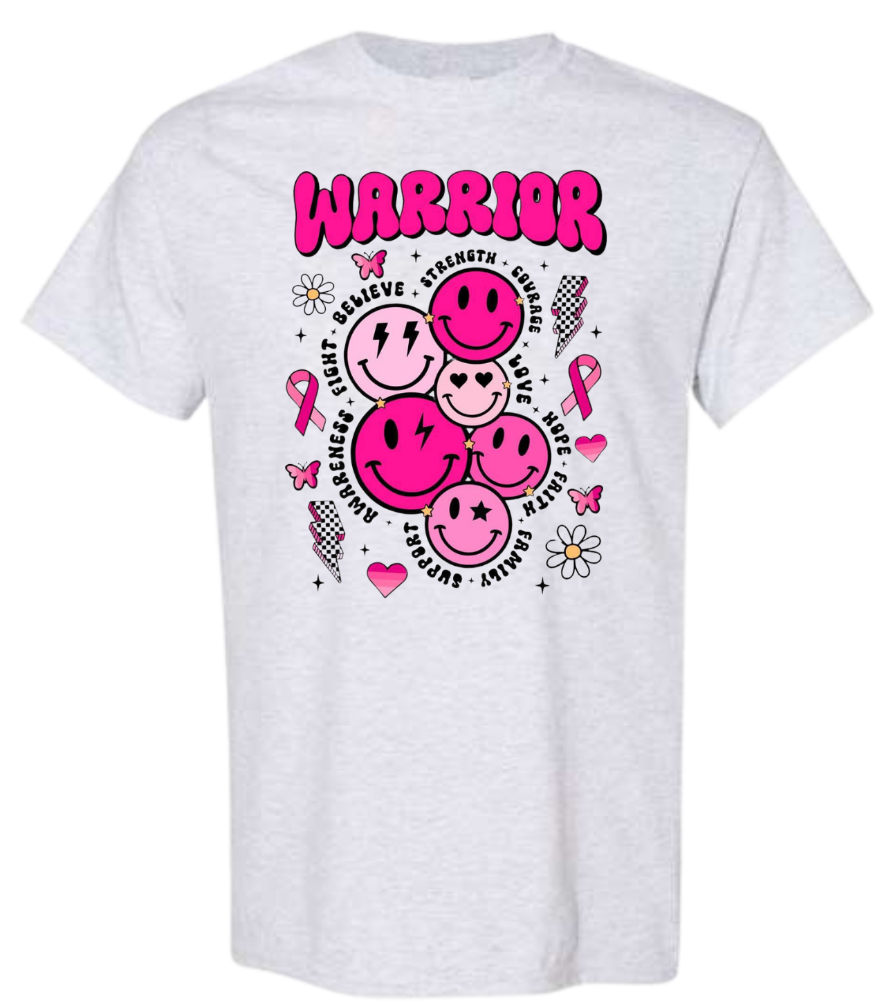 Warrior Breast Cancer Awareness shirt with smiley faces and supportive text.