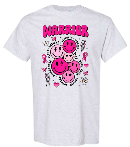 Warrior Breast Cancer Awareness shirt with smiley faces and supportive text.