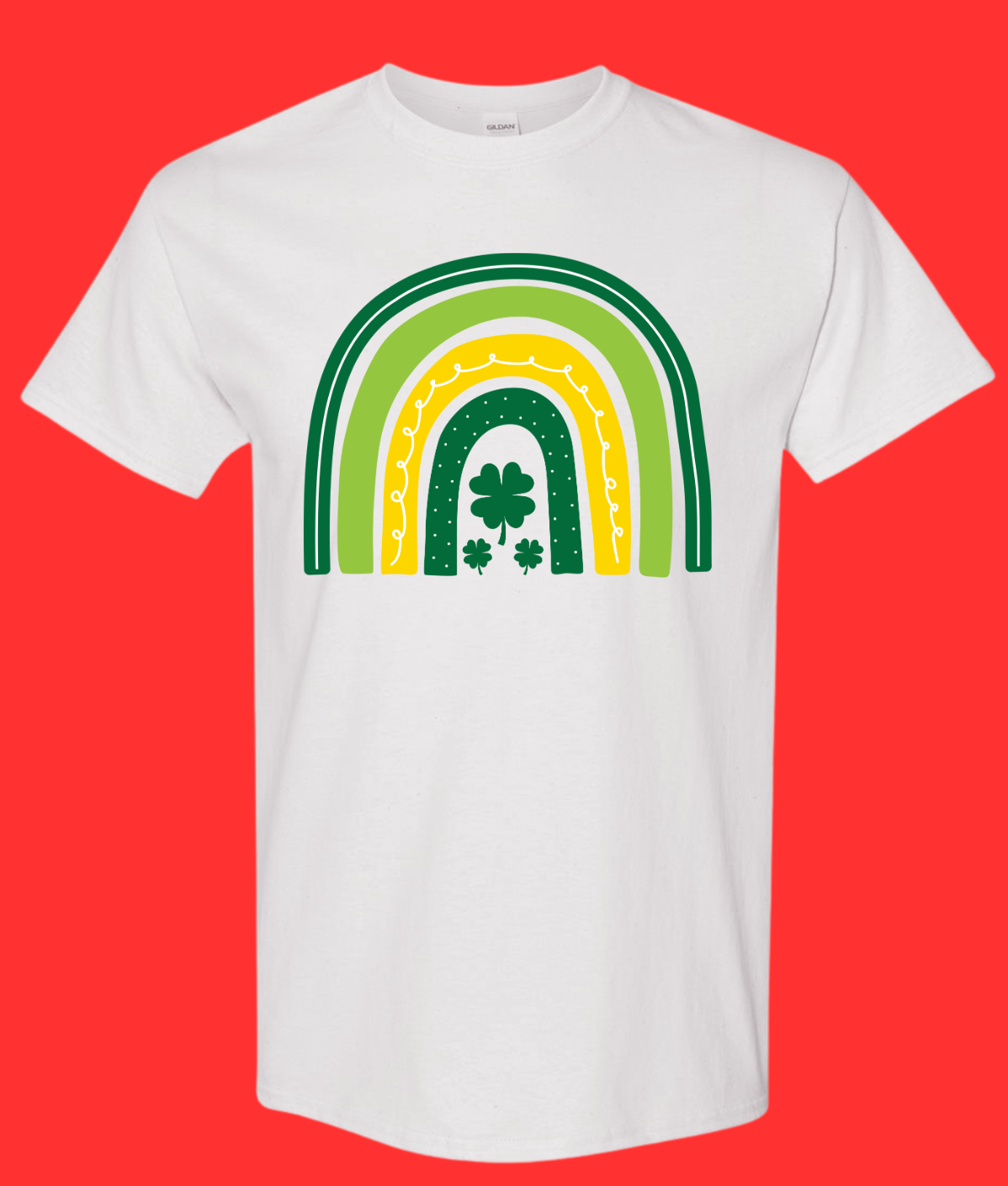St. Patrick's Day Rainbow shirt with green and yellow arch design on a white background.