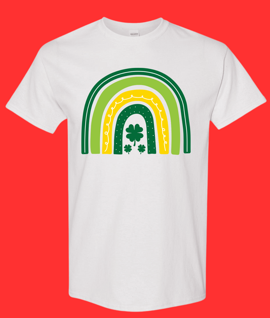 St. Patrick's Day Rainbow shirt with green and yellow arch design on a white background.