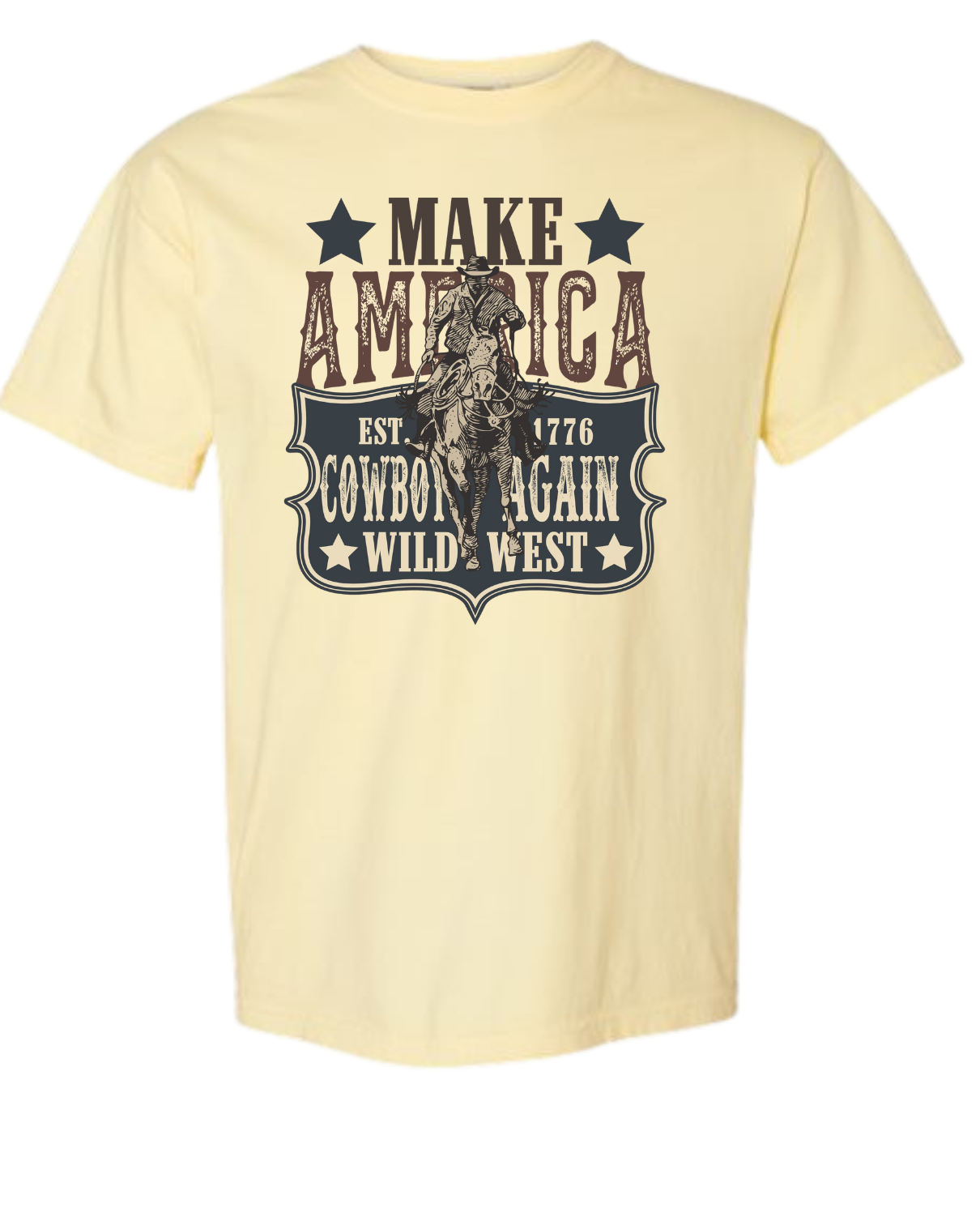 Make America Cowboy Again t-shirt with cowboy and Wild West design, Comfort Color brand.