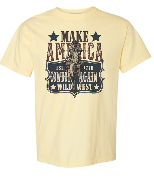 Make America Cowboy Again t-shirt with cowboy and Wild West design, Comfort Color brand.