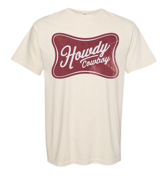 Howdy Cowboy Comfort Color t-shirt with bold logo design.