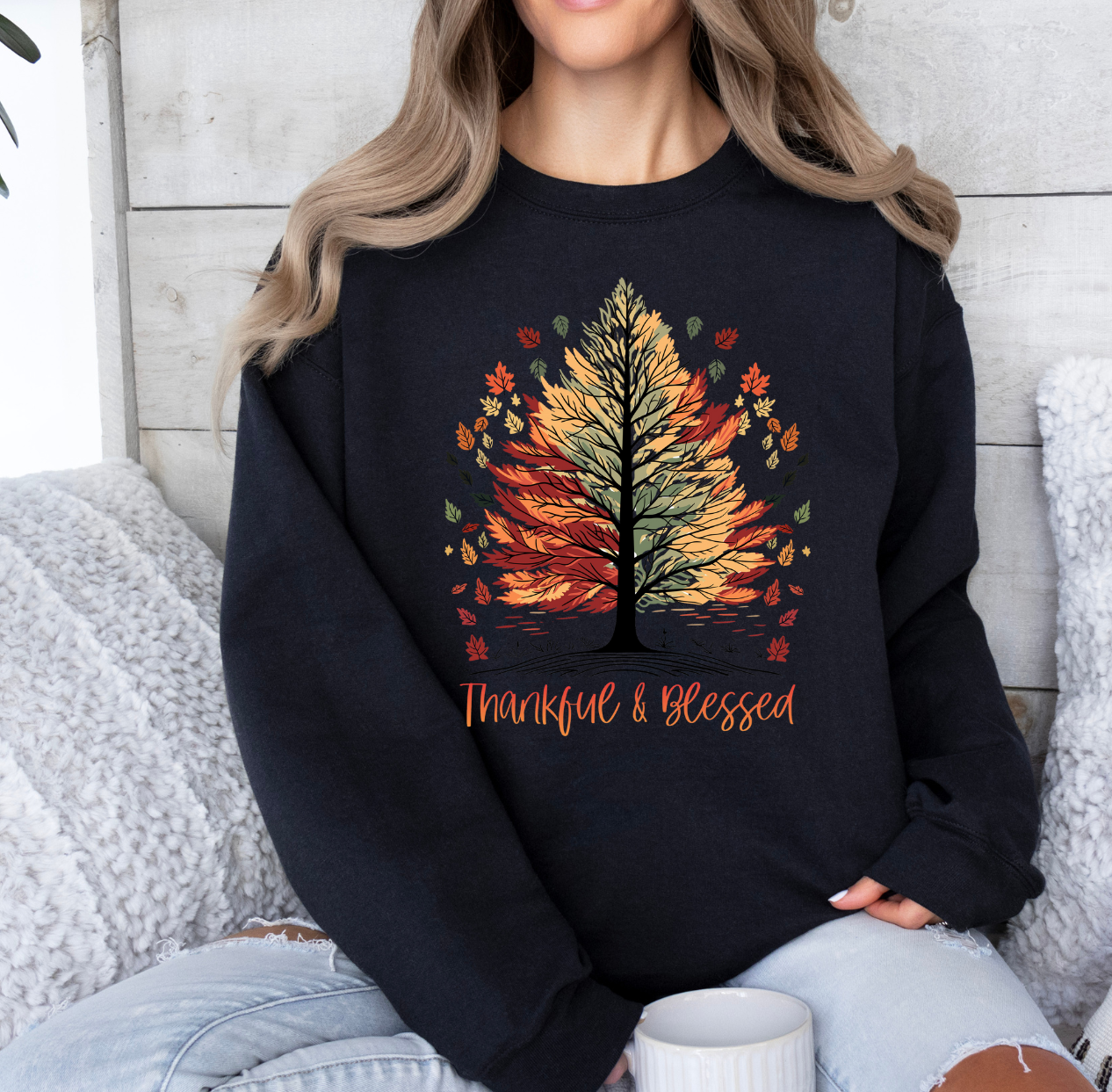 Thankful & Blessed shirt with tree and leaves design.