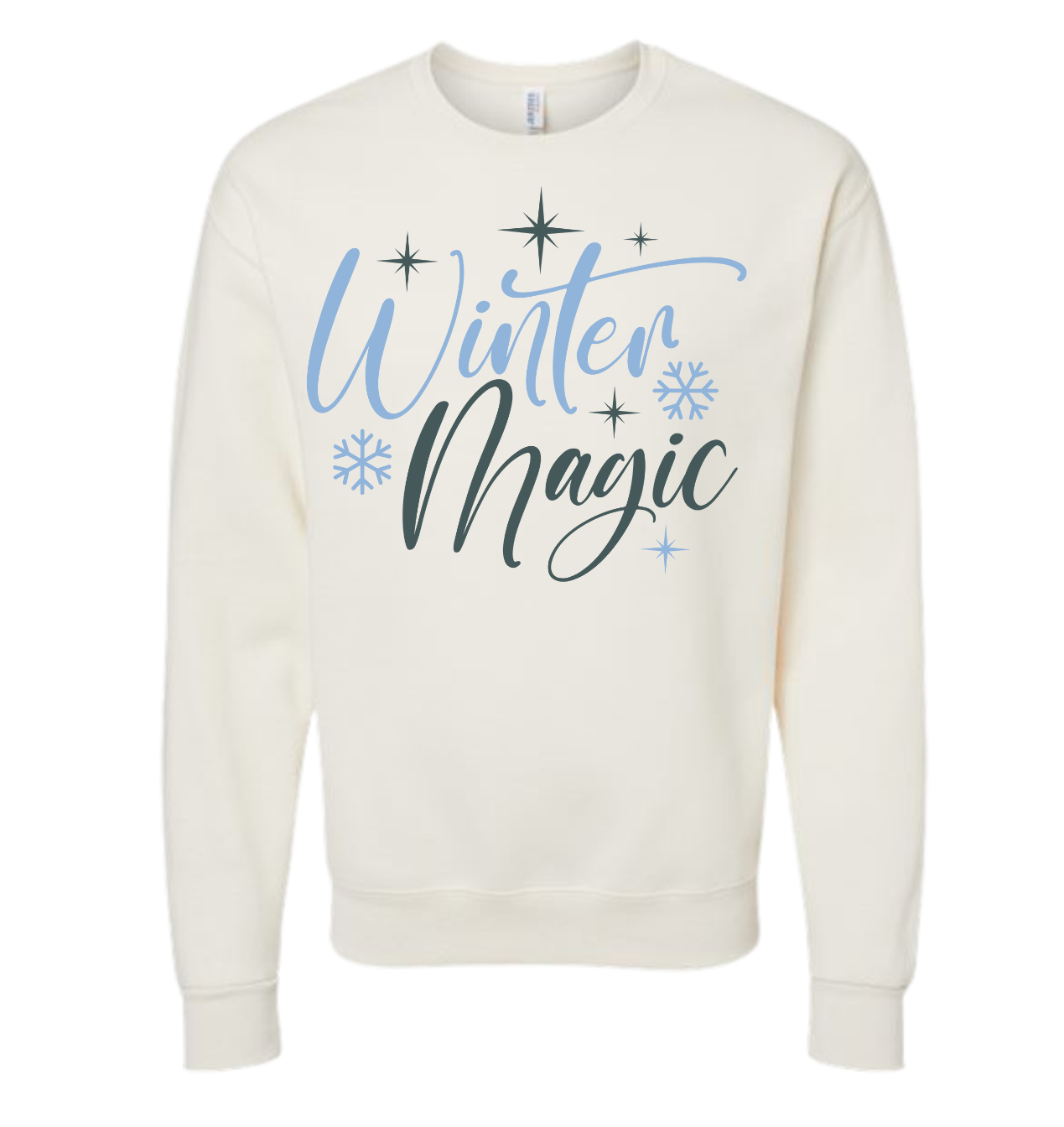Winter Magic shirt with whimsical snowflake design on white fabric.