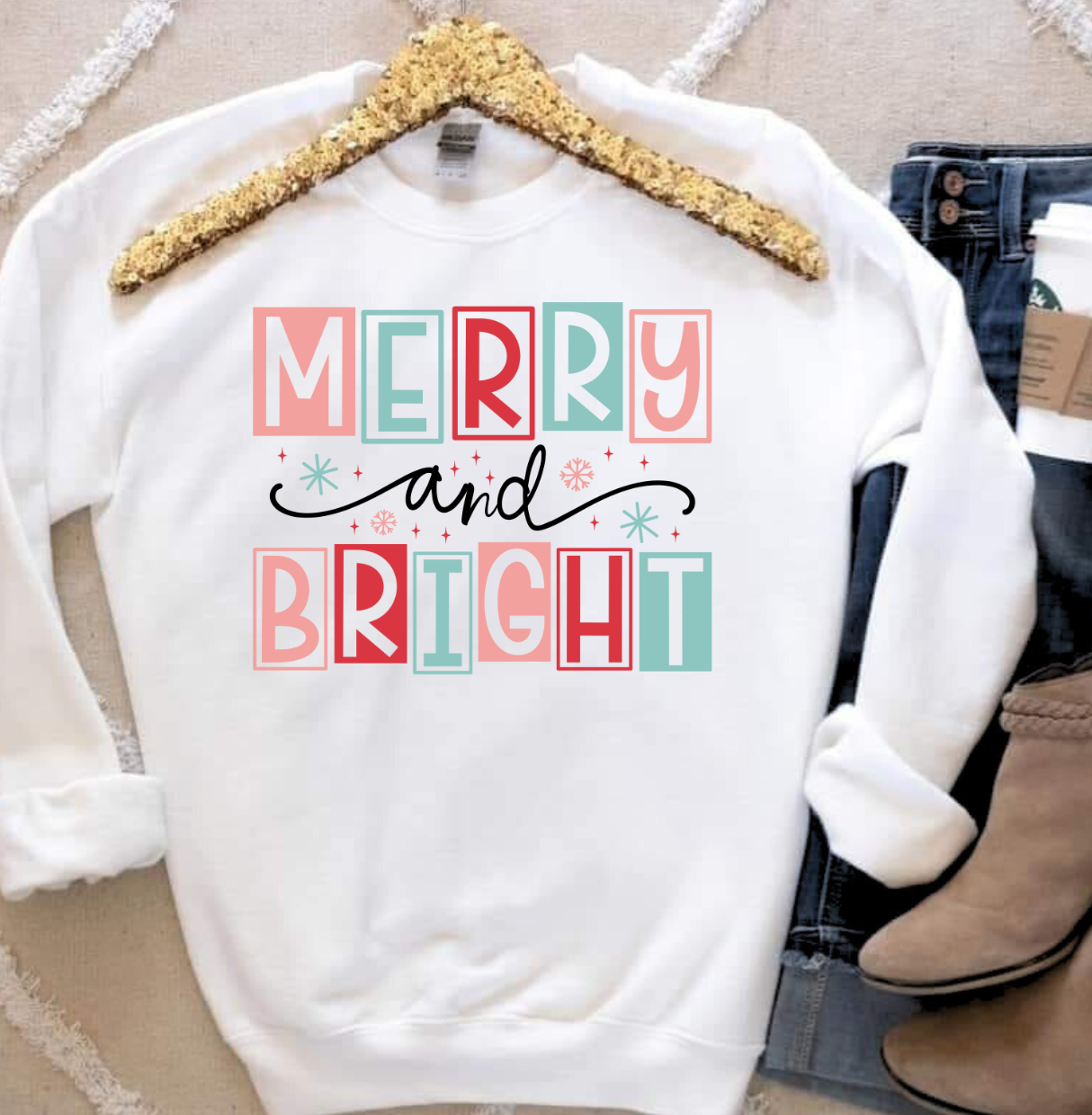 Merry and Bright festive holiday shirt on hanger.