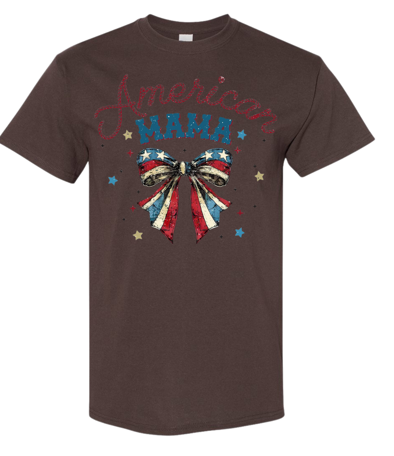 American Mama t-shirt with colorful bow and stars design.