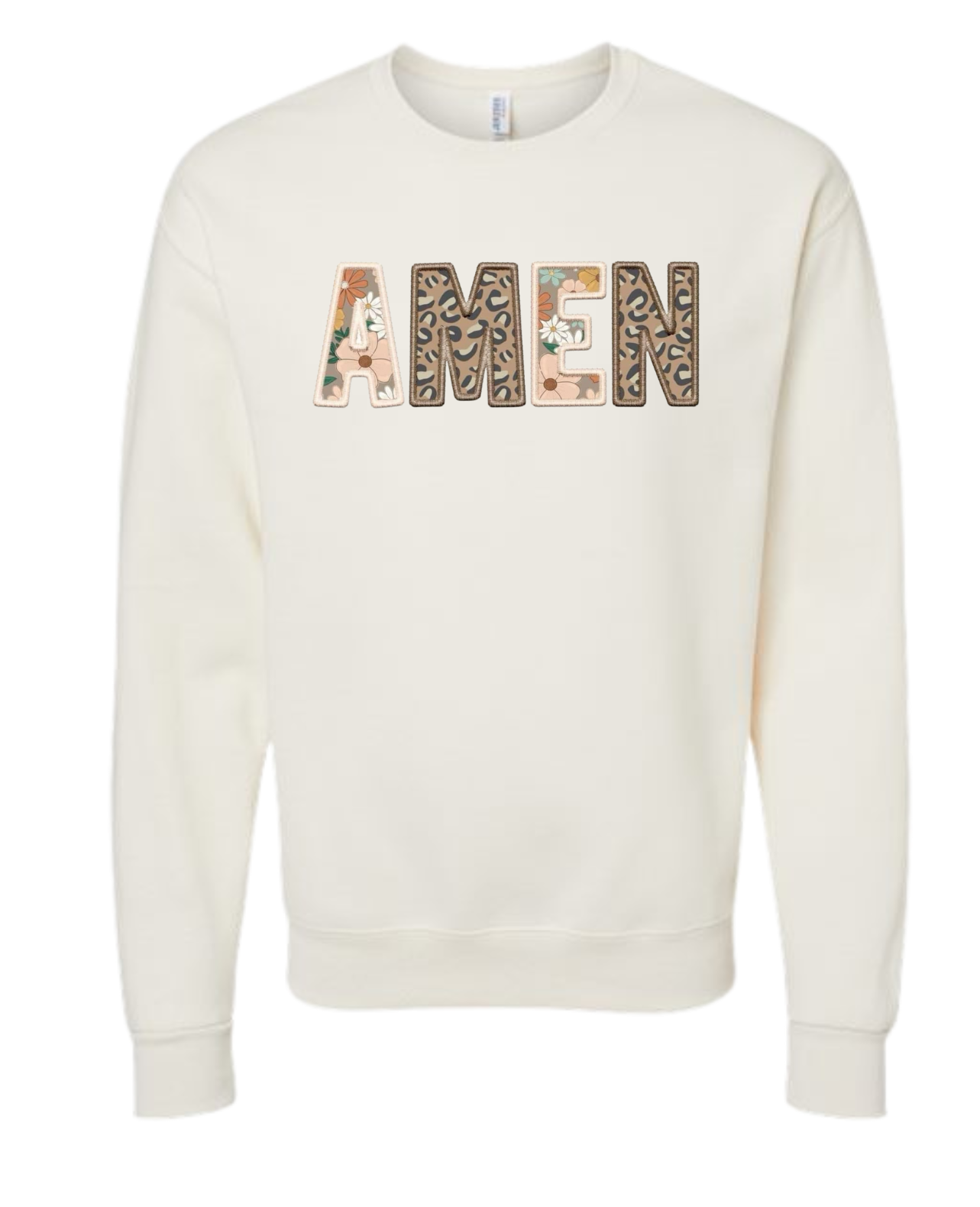 Neutral-toned Amen shirt with faux embroidery design.