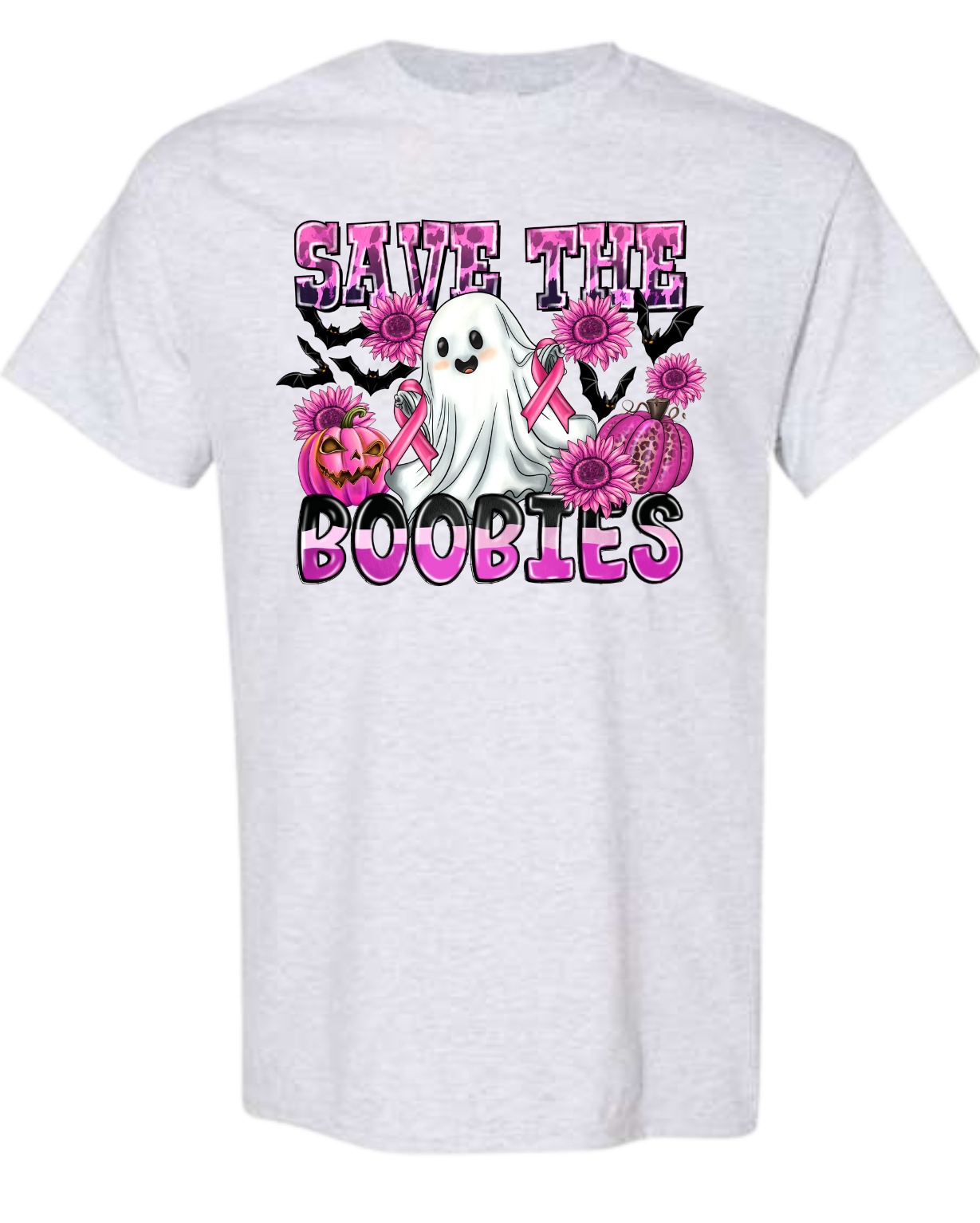 Save The Boobies shirt with ghost and pink ribbon design supporting breast cancer awareness.