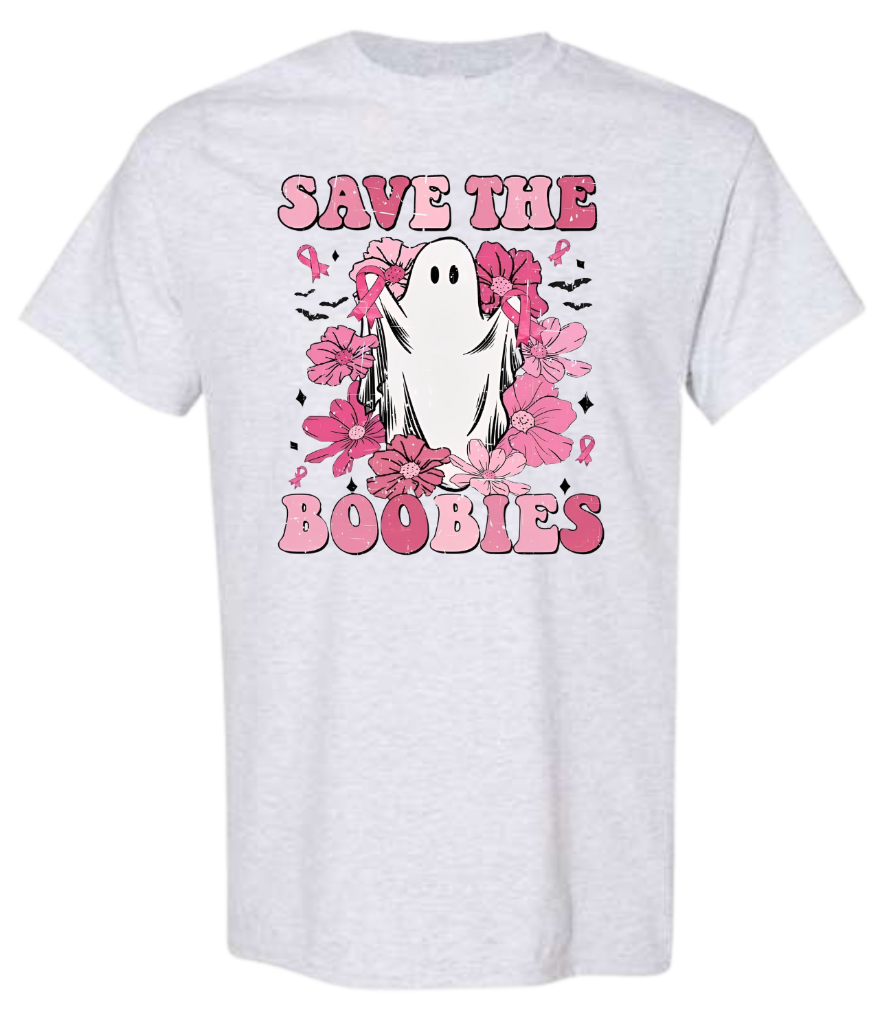 T-shirt with "Save The Boobies" text and ghost design surrounded by pink flowers.