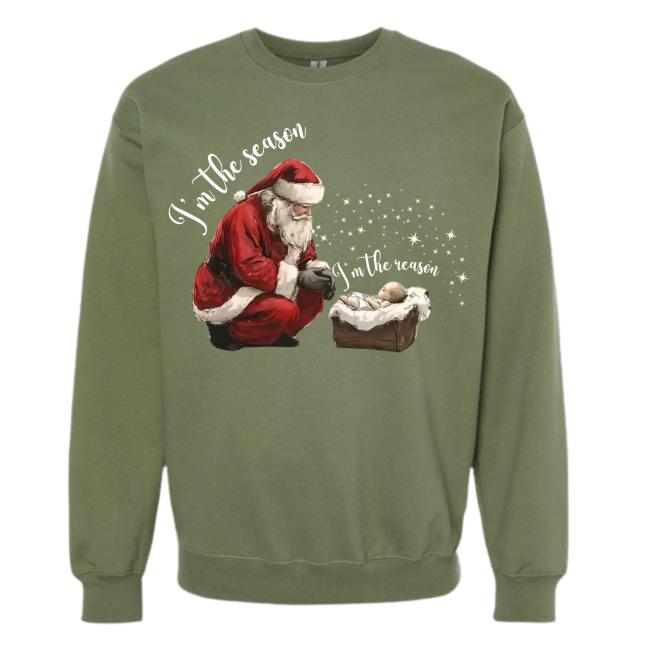 I'm The Season- I'm the Reason Christmas shirt featuring Santa and baby Jesus.