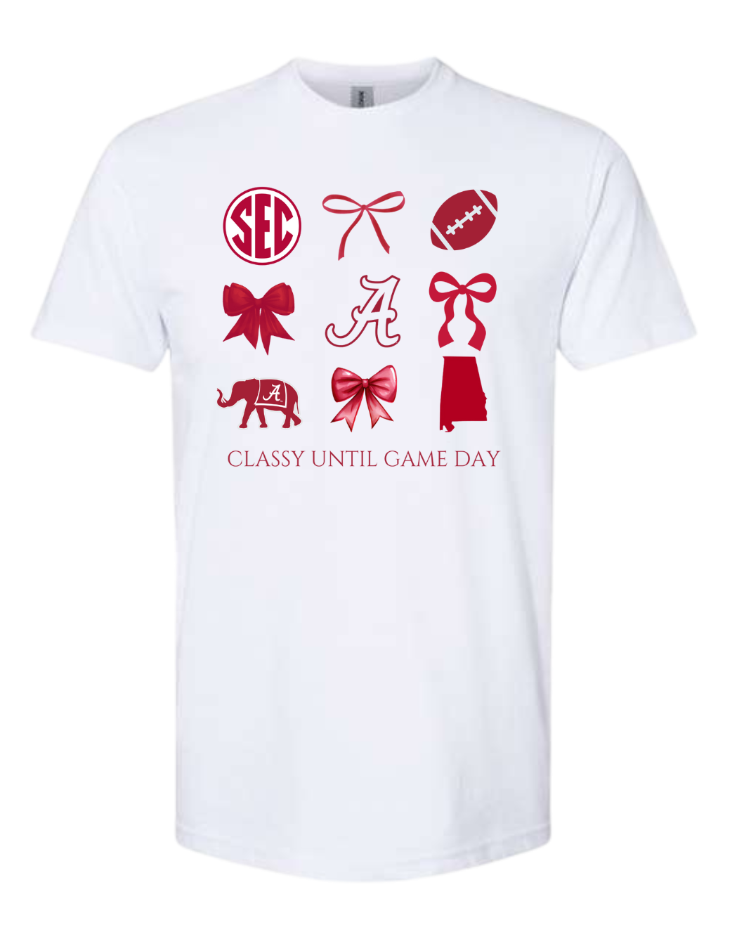 Alabama-Classy Until Game Day T-shirt with game day icons and 'Classy Until Game Day' text.
